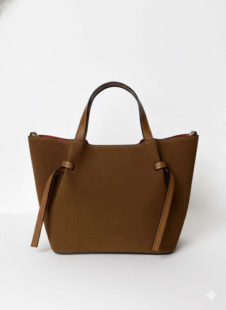 Suede Tote Bag with Red Interior - Camel
