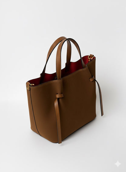 Suede Tote Bag with Red Interior - Camel