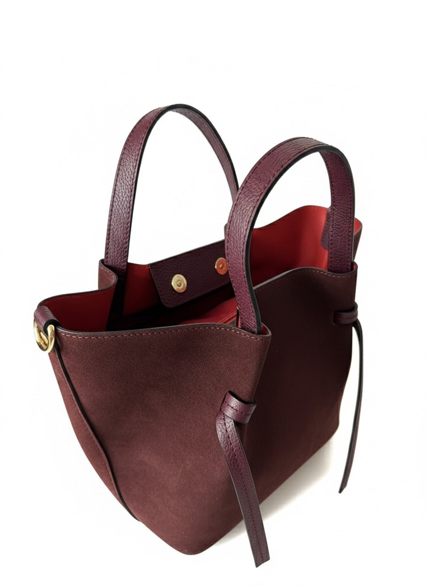Suede Tote Bag with Red Interior - Burgundy