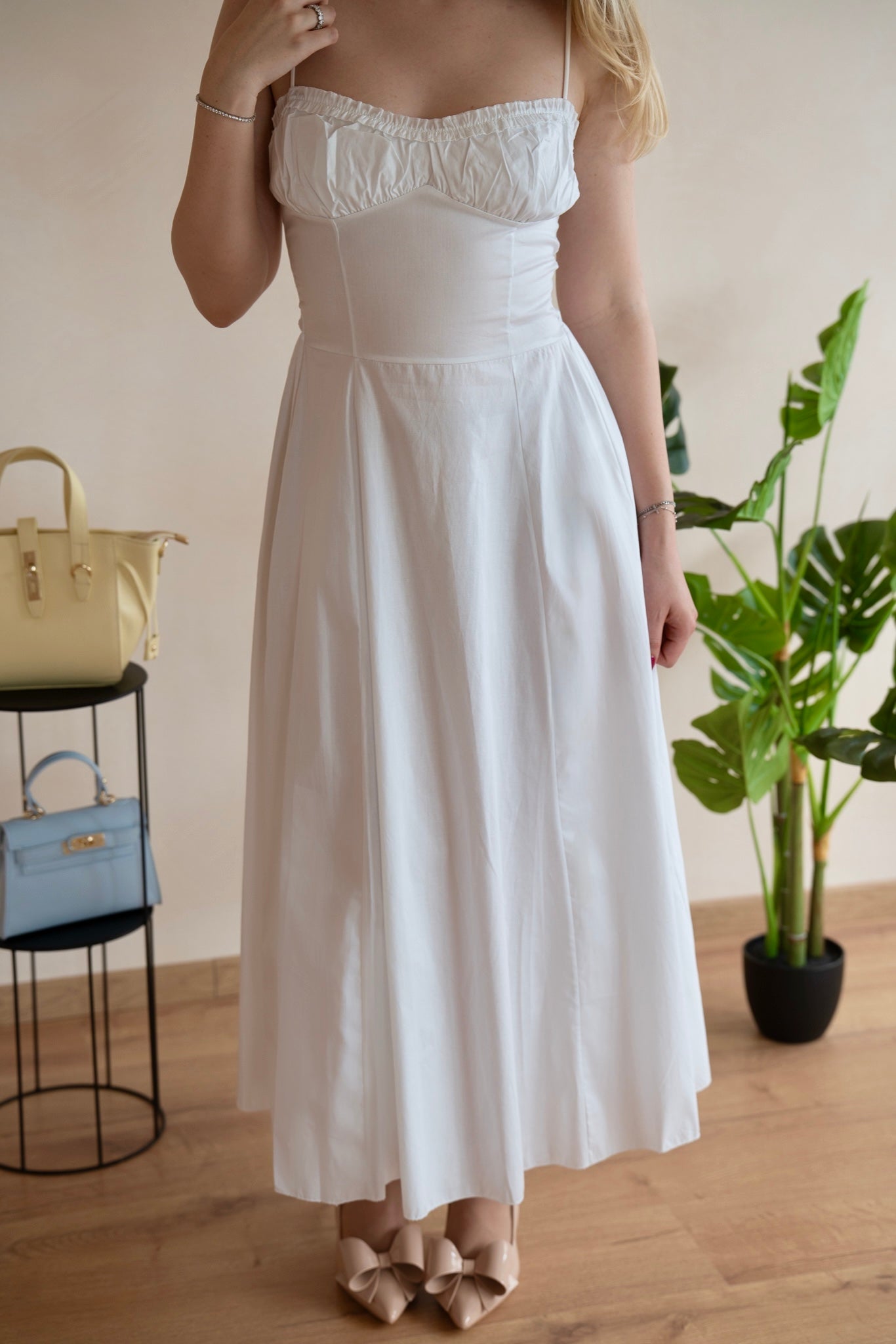 Rochie de Vară Albă Siena Încrețită în Piept - Made in Italy