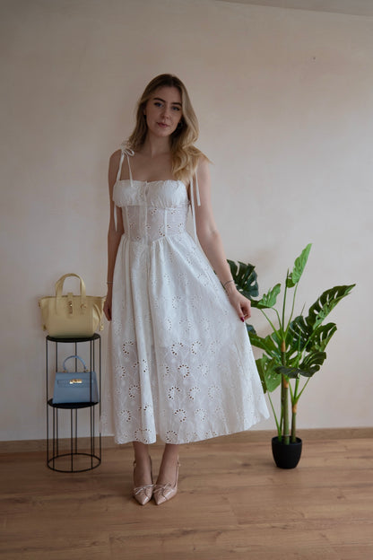 Rochie de Vără Albă Capri cu Dantelă și Fundițe la Umeri - Made in Italy