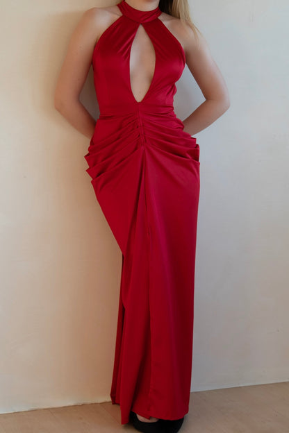 Halter Neck Ruched Red Gown