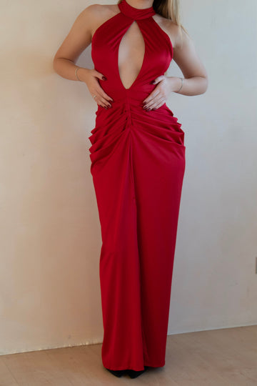 Rochie de Ocazie Lungă Roșie cu Drapeuri si Decolteu Halter