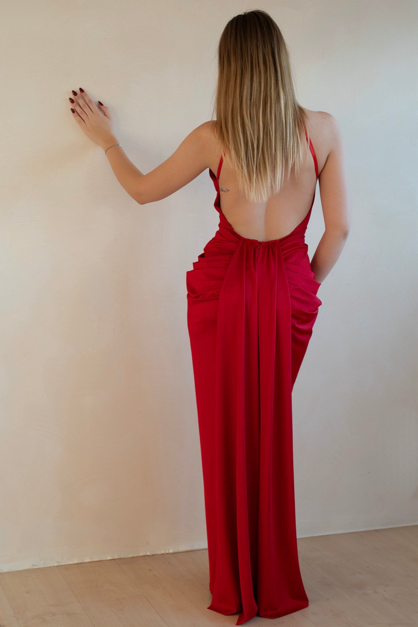 Halter Neck Ruched Red Gown