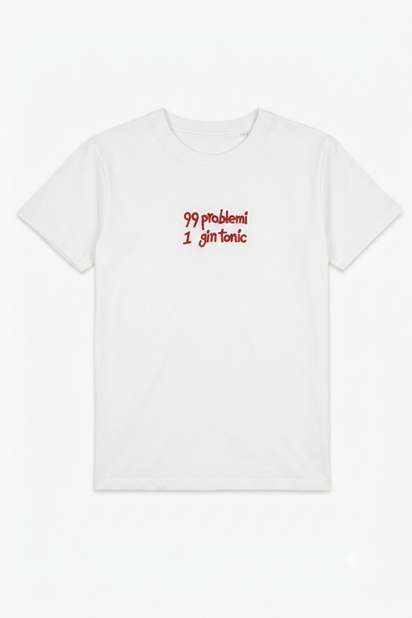 Tricou din Bumbac Gin Tonic - Scris Roșu Made in Italy