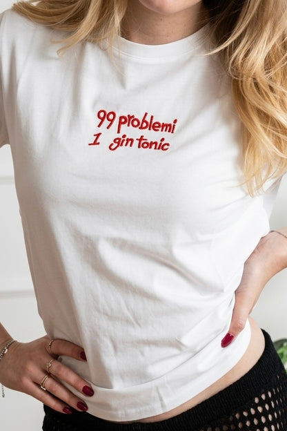 Tricou din Bumbac Gin Tonic - Scris Roșu Made in Italy