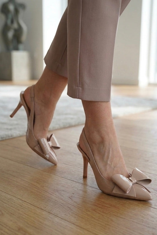 Pantofi cu Toc Nude cu Fundiță Sling-Back Piele naturală